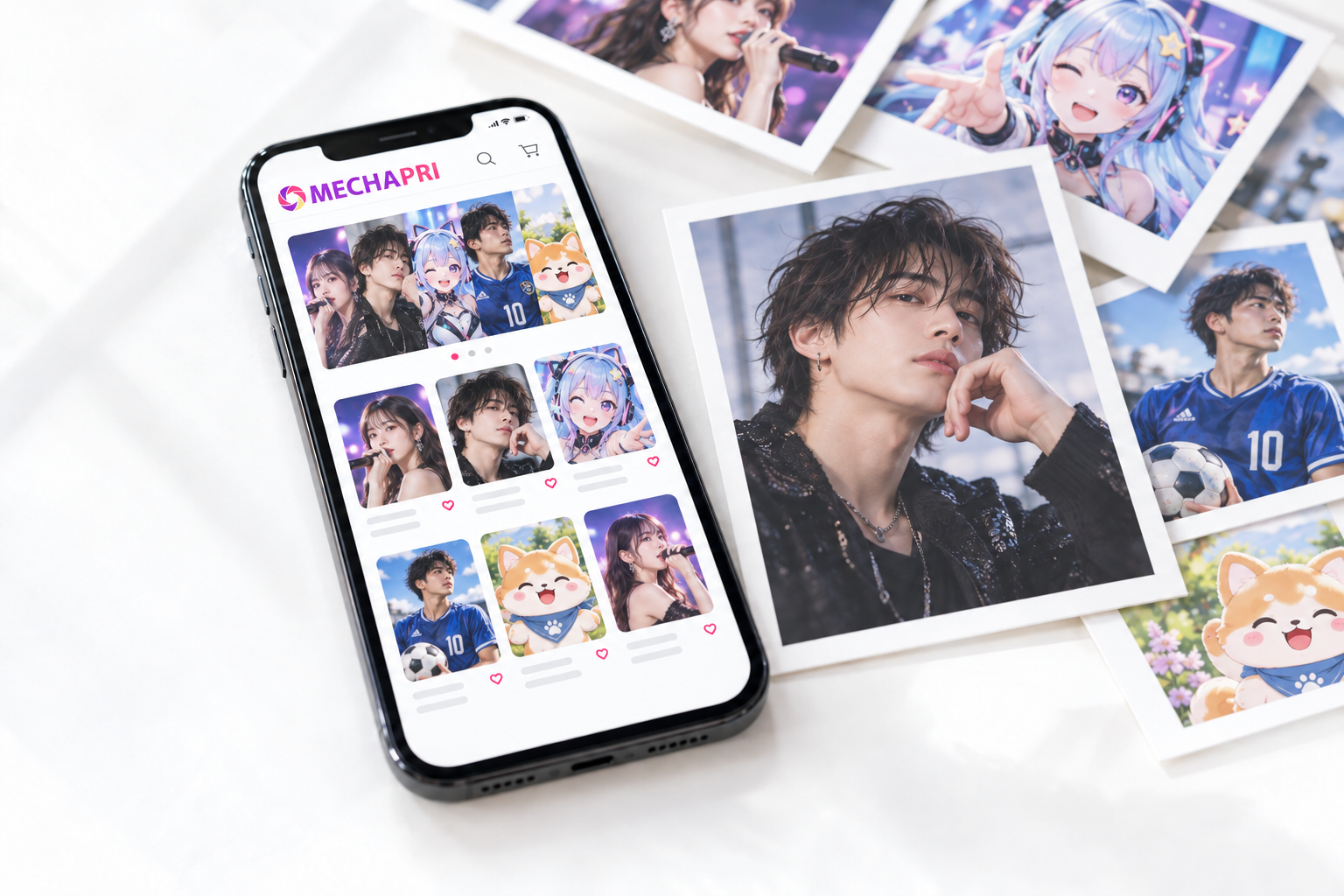 めちゃプリロゴ入りのスマートフォンと、女性・男性・VTuber・スポーツ選手・キャラクターのブロマイドを並べたイメージ