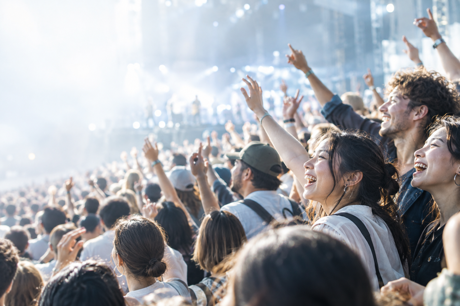 ライブ会場で笑顔と歓声を上げ、熱狂する人々のイメージ